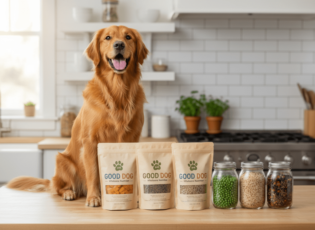 A joyful golden retriever with a glossy, well-groomed coat sits beside a neatly arranged row of Good Dog Pantry branded kibble bags and mason jars filled with colorful, wholesome ingredients like pumpkin cubes, peas, and brown rice. Everything rests on a clean, light wood kitchen island with subtle grain. Soft morning sunlight pours through an unseen window, casting gentle highlights on the dog’s fur and a warm glow on the packaging. Photographic realism, shot at eye level with a shallow depth of field that softly blurs a bright, tidy kitchen background, creating a playful, welcoming mood that feels fresh, modern, and trustworthy.