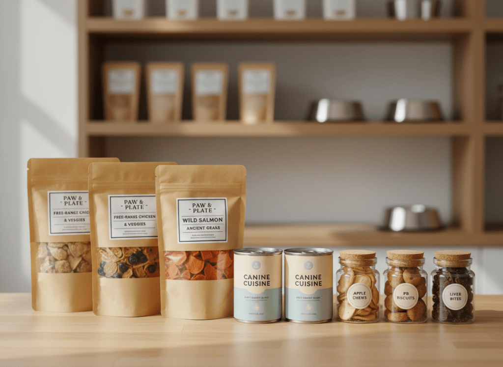 A neatly arranged selection of premium dog food products displayed on a clean, light wood countertop, featuring matte kraft paper bags with clear ingredient labels, glossy canned food with simple, modern branding, and small glass jars of natural treats. Behind them, a softly blurred backdrop of open shelving filled with neatly stacked dog food containers and stainless-steel bowls suggests a well-organized pantry. Soft, diffused daylight enters from the left, creating gentle highlights on metallic surfaces and subtle shadows beneath each item. Photographed at eye level with a shallow depth of field, the focus is crisp on the front labels. The mood is professional, trustworthy, and inviting, with photographic realism and a clean, modern aesthetic ideal for an online healthy dog food store homepage.